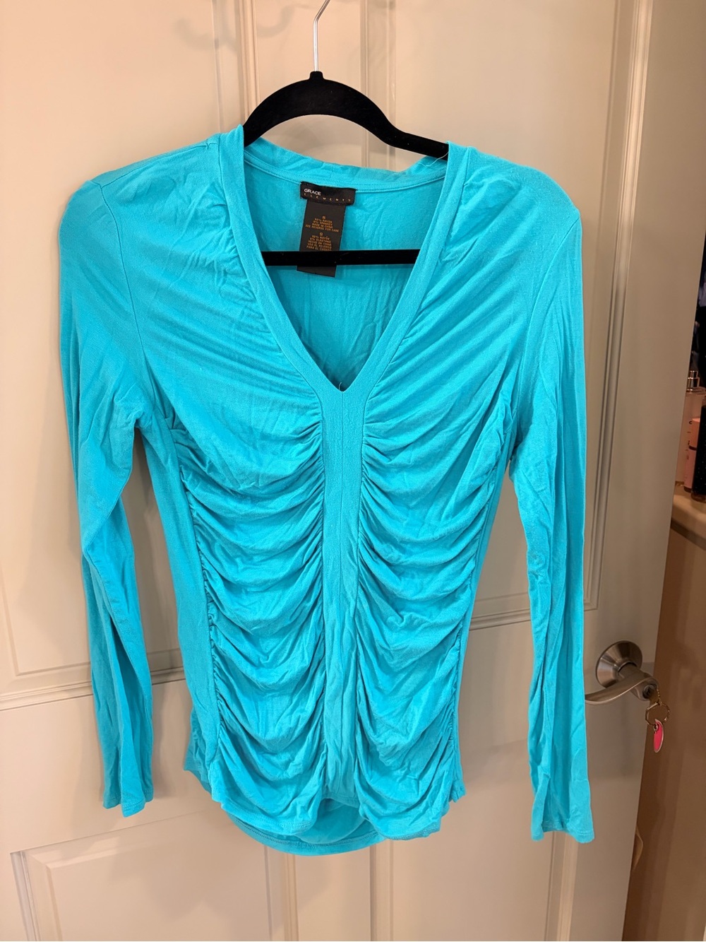 Express Women's Turquoise Ruched V‑Neck Long Sleeve Top